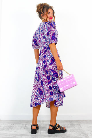 Cuff It Up - Purple Paisley Print Midi Dress