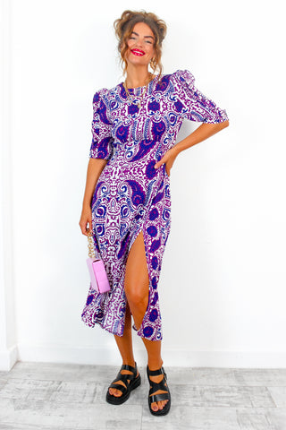 Cuff It Up - Purple Paisley Print Midi Dress
