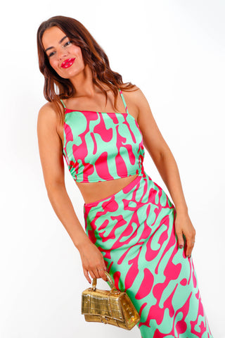 Cut Out Of Control - Green Pink Abstract Print Cut Out Midi Dress