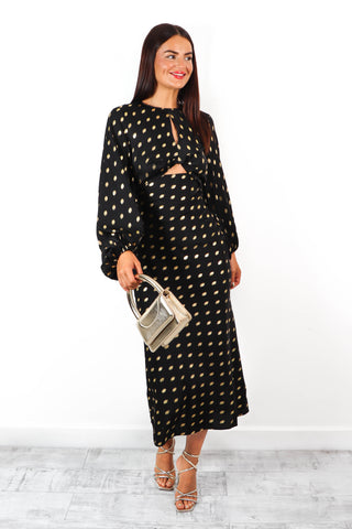 Cut Them Out - Black Gold Foil Spot Midi Dress