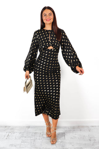 Cut Them Out - Black Gold Foil Spot Midi Dress