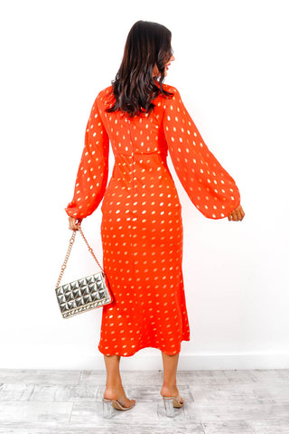 Cut Them Out - Coral Gold Foil Spot Midi Dress