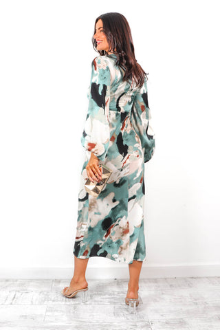 Cut Them Out - Green Cream Abstract Cut Out Midi Dress