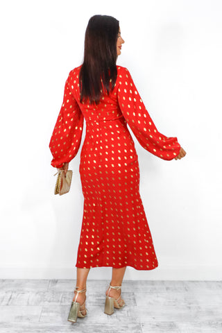 Cut Them Out - Red Gold Foil Spot Cut Out Maxi Dress