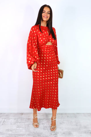 Cut Them Out - Red Gold Foil Spot Cut Out Maxi Dress