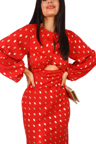 Cut Them Out - Red Gold Foil Spot Cut Out Maxi Dress