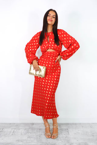 Cut Them Out - Red Gold Foil Spot Cut Out Maxi Dress