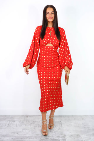 Cut Them Out - Red Gold Foil Spot Cut Out Maxi Dress