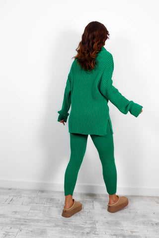 Double The Trouble - Green Ribbed Roll Neck Knitted Co-Ord
