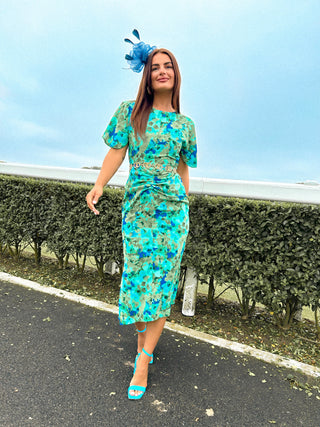 Date Night Dream - Green Blue Floral Print Ruched Midi Dress