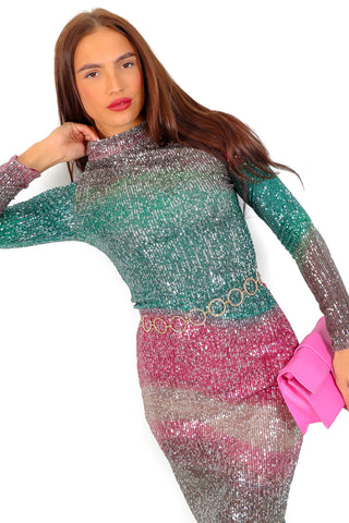 Diamond In The Rough - Green Pink Sequin Midi Dress
