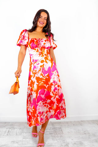Don't Call It Splits - Pink Orange Floral Printed Midi Dress