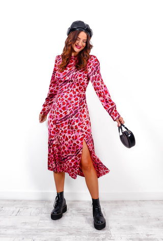 Don't Give A Glam - Pink Red Leopard Midi Dress