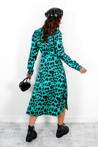 Don't Give A Glam - Sea Green Leopard Midi Dress