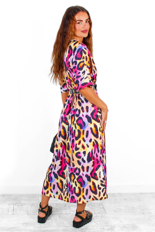 Don't Go Yet - Fuchsia Yellow Leopard Print Midi Dress