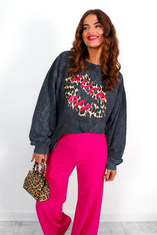 Don't Kiss Me - Acid Wash Fuchsia Leopard Lips Graphic Sweatshirt