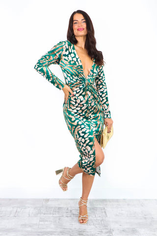 Don't Make Me Wait - Forest Velvet Leopard Midi Dress