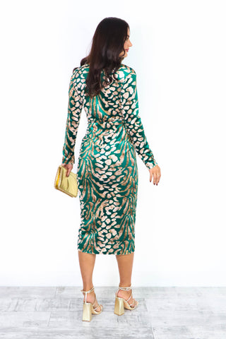 Don't Make Me Wait - Forest Velvet Leopard Midi Dress