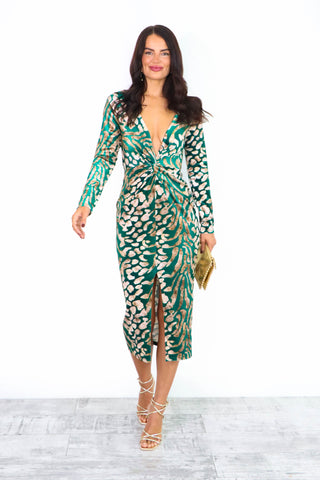 Don't Make Me Wait - Forest Velvet Leopard Midi Dress