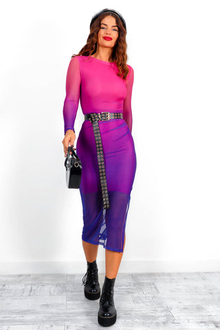 Dont Mesh Around - Pink Purple Ombre Mesh Midi Dress