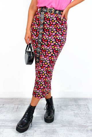 Dont Skirt Me - Black Multi Floral Midi Skirt