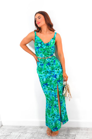 Dripping With Confidence - Blue Floral Green Cowl Neck Midi Dress