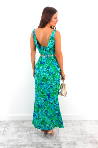 Dripping With Confidence - Blue Floral Green Cowl Neck Midi Dress