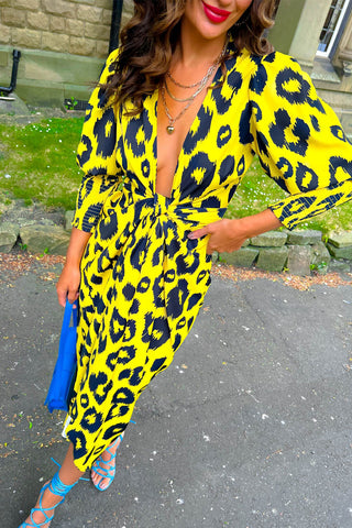 Drive Em Wild - Yellow Black Animal Print Midi Wrap Dress