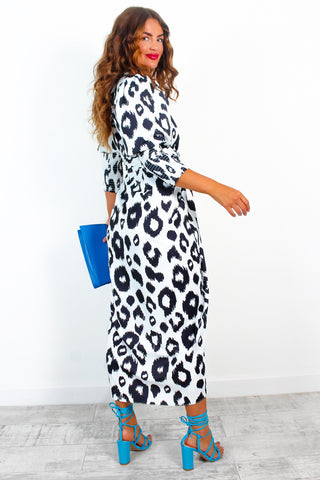Drive Em Wild - Black White Leopard Wrap Midi Dress