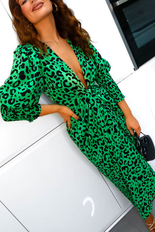 Drive Em Wild - Green Black Leopard Midi Wrap Dress