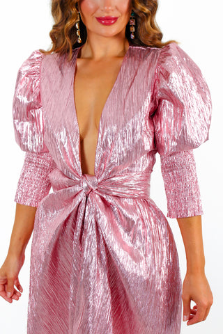 Drive Em Wild - Metallic Pink Wrap Midi Dress