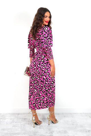 Drive 'Em Wild - Fuchsia Cream Leopard Midi Wrap Dress