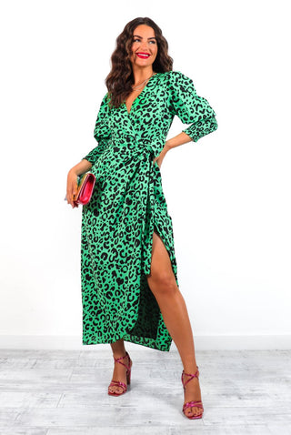 Drive 'Em Wild - Green Black Leopard Midi Wrap Dress