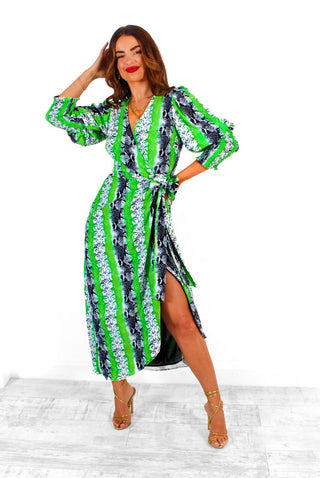 Drive 'Em Wild - Green Grey Snake Print Midi Wrap Dress