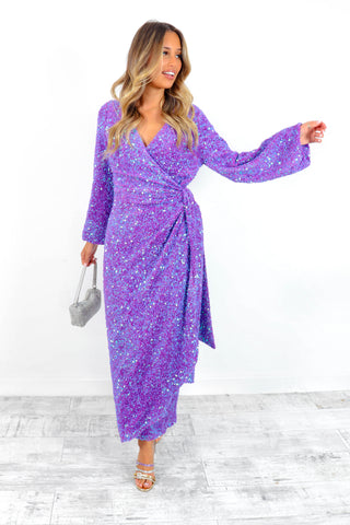 Drive 'Em Wild - Purple Sequin Midi Wrap Dress