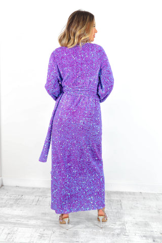 Drive 'Em Wild - Purple Sequin Midi Wrap Dress