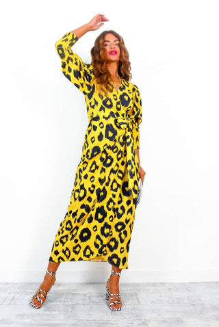 Drive 'Em Wild - Yellow Black Animal Print Midi Wrap Dress
