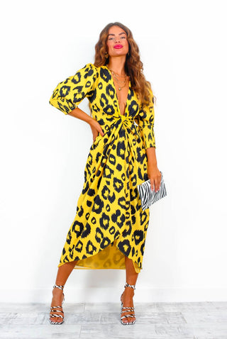 Drive 'Em Wild - Yellow Black Animal Print Midi Wrap Dress