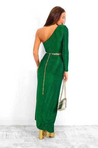 Elegance Is Key - Forest Glitter Ruched Maxi Dress