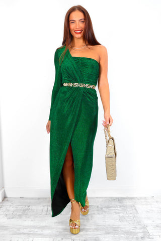 Elegance Is Key - Forest Glitter Ruched Maxi Dress