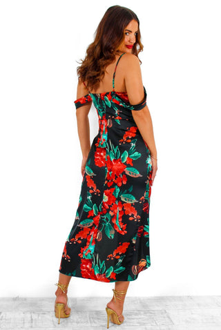 Epitome of Elegance - Black Red Floral Midi Dress