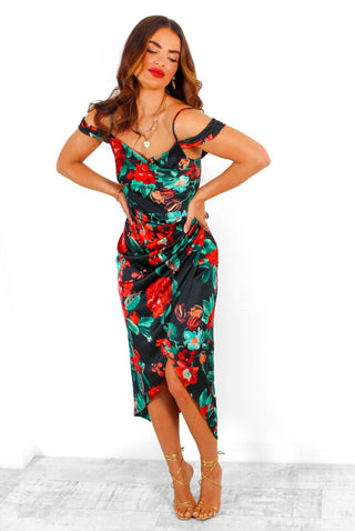 Epitome of Elegance - Black Red Floral Midi Dress