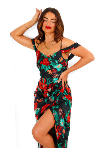 Epitome of Elegance - Black Red Floral Midi Dress