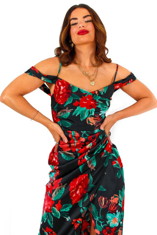 Epitome of Elegance - Black Red Floral Midi Dress