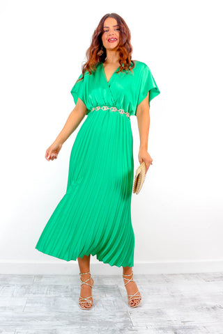 Eternal - Green Pleated Satin Midi Dress