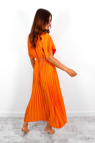 Eternal - Orange Pleated Satin Midi Dress