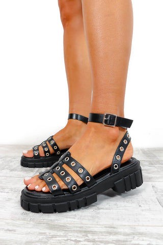 Eye-Let You Win - Black Faux Leather Eyelet Chuncky Sandals