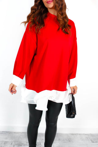 Frilled To See You - Red Frill Oversized Sweatshirt