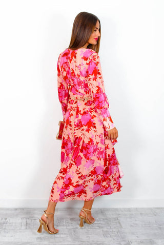 Feeling Flirty - Pink Peach Floral Ruche Detail Ruffle Midi Dress