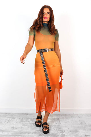 Feeling Mesh - Green Orange Ombre Mesh Midi Dress
